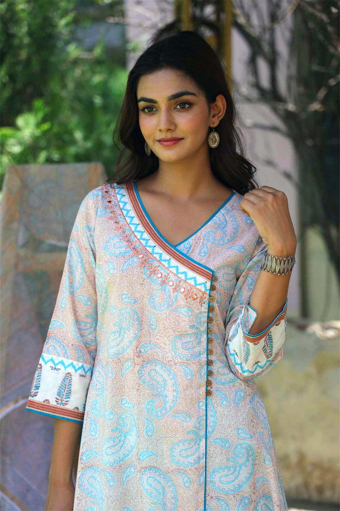 Block Printed Cotton Angrakha Style Kurta Set in Pink | Long kurti designs,  Simple kurti designs, Simple kurta designs